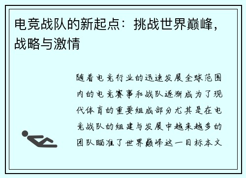 电竞战队的新起点：挑战世界巅峰，战略与激情