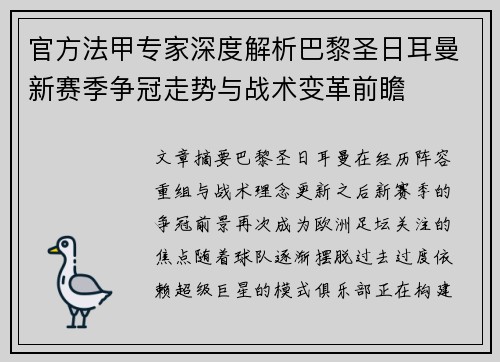 官方法甲专家深度解析巴黎圣日耳曼新赛季争冠走势与战术变革前瞻